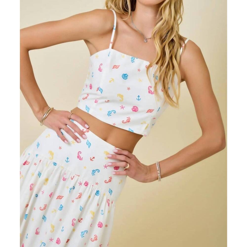 NEW DAY + MOON coastal print smocked top in white